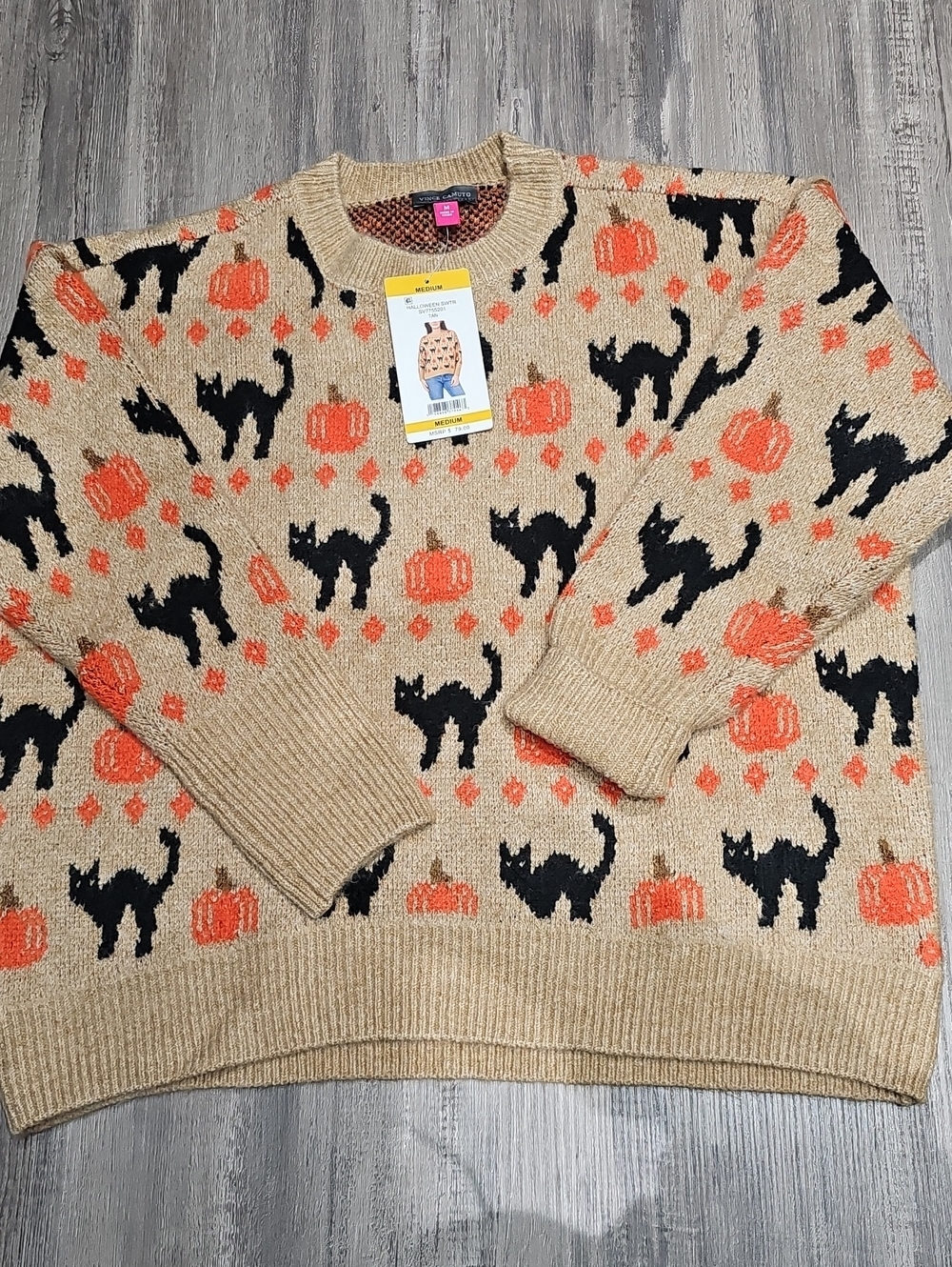Halloween Cat & Pumpkin Crewneck Sweater - Beige/Black/Orange